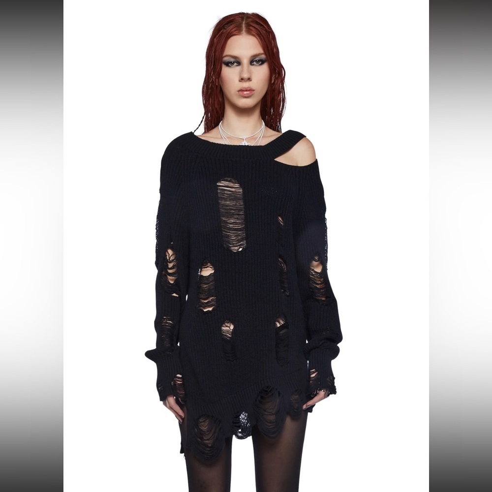 Dolls Kill / Darker Wavs Distressed Black Sweater - Medium
